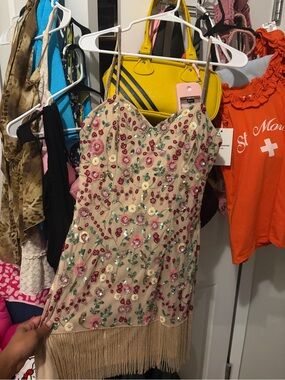 Embellished Beige Floral Mini Dress with Fringe